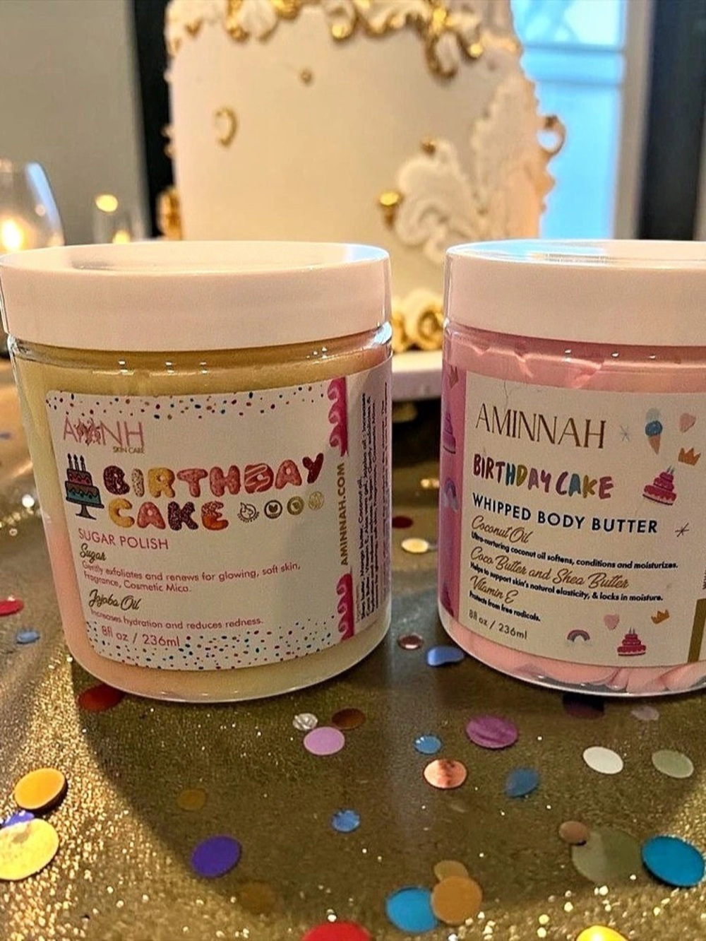 Aminnah Birthday Cake Sugar Polish and Birthday Cake Whipped Body Butter